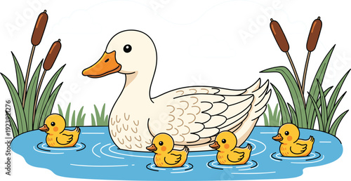 Mother Duck With Ducklings Swimming In Pond Cartoon Vector Illustration