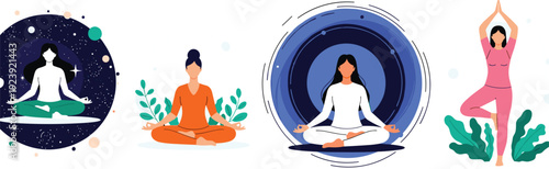 Flat vector set of women practicing yoga and meditation in lotus and tree poses with celestial space and nature leaf background elements