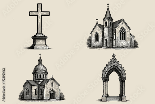 Detailed Sketches of Historic Architecture Featuring Cross and Church Structures