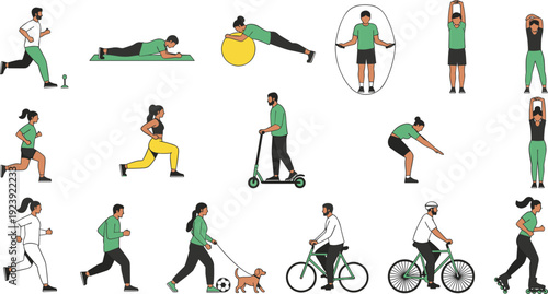 People Exercising and Outdoor Fitness Activities Collection with Running, Cycling, Jump Rope and Workout Poses Vector Illustration Set