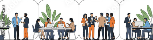 Business Team Collaboration Scenes Set with Meetings, Discussions and Office Work in Modern Corporate Environment Vector Illustration