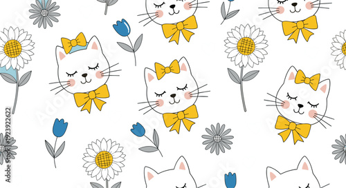 Cute Cat Seamless Pattern With Flowers And Bows Vector Illustration Design