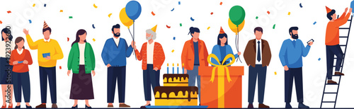 Office Birthday Celebration with Colleagues, Cake, Balloons and Gift Box, Corporate Party Event Vector Illustration