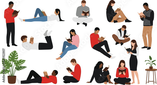 People Reading Books in Different Poses Collection with Men and Women Sitting, Standing and Relaxing Vector Illustration Set