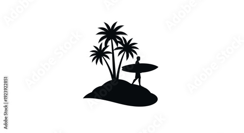 Surfer Carrying Board on Tropical Island with Palm Trees Silhouette
