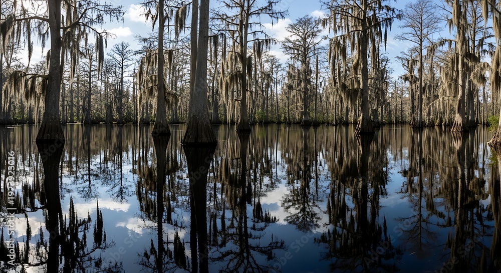 Obraz premium Serene swamp landscape with trees and reflections calm water and blue sky with clouds