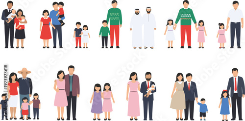 Diverse Family Collection with Parents and Children Standing Together, Multicultural Family Portraits Full Body Vector Illustration Set