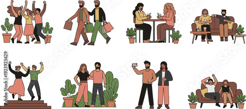 Happy Friends Spending Time Together Collection with Dancing, Coffee Meeting and Selfie Moments Vector Illustration Set