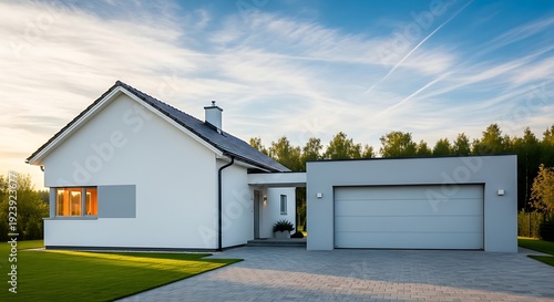 A modern white house with a gray roof and garage in a serene natural setting