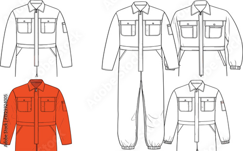 White and Red Coveralls with Pockets and Zipper Fronts