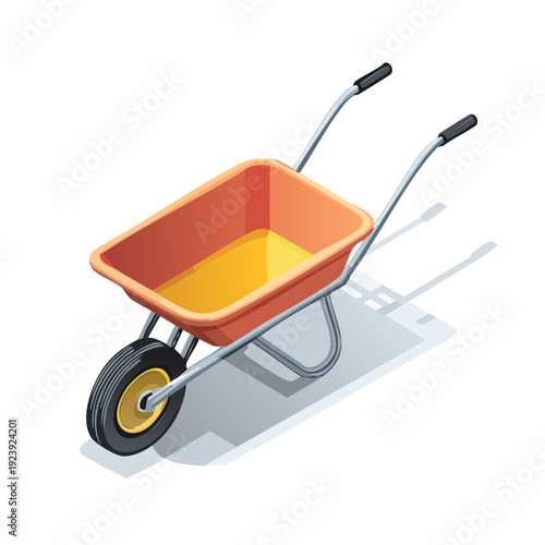 Brouette vide rouge‑orange sur fond clair