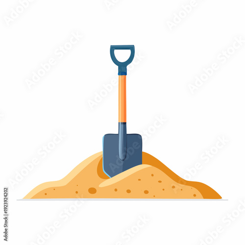 Pelle plantée dans un tas de sable isolée sur fond clair