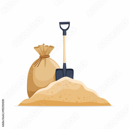 Tas de sable avec pelle et sac en toile isolés sur fond clair