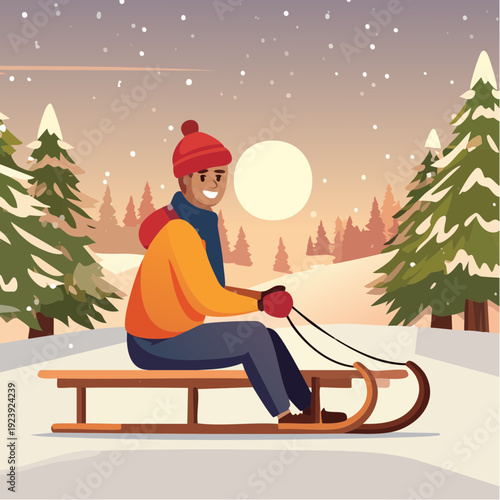 Enfant sur une luge dans un paysage hivernal illustré