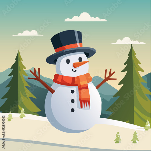 Illustration d’un bonhomme de neige souriant dans un paysage hivernal