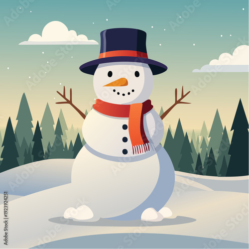 Illustration d’un bonhomme de neige souriant dans un paysage hivernal