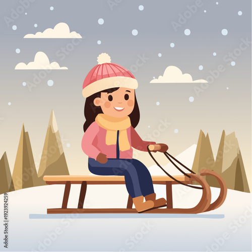 Enfant sur une luge dans un paysage hivernal illustré