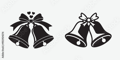 Black silhouette icons of festive bells with bows