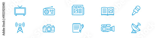 Set of 10 blue media and journalism line icons. Symbols for television, radio, newspaper, microphone, camera, and broadcasting on white background.