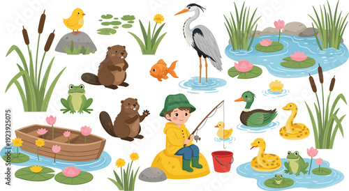 Pond Wildlife Scene With Fisherman Ducks Frogs And Beaver Vector Illustration