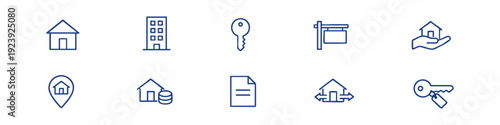 Set of minimalist black line icons for real estate, property, housing, and mortgage concepts, including houses, keys, and signage.