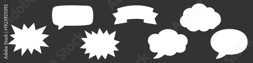 Set of white comic speech bubbles, thought clouds, and explosion shapes on a dark background. Vector design elements for messaging and communication