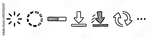 Set of hand-drawn loading and download icons including progress bars, refresh symbols, and waiting indicators in a black, blue, light blue doodle sketch style