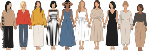 Diverse Women Holding Hands in Solidarity, Multicultural Female Community Standing Together for Equality and Empowerment Vector Illustration