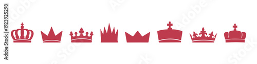 Set of colorful royal crown icons in different styles and shapes isolated on white background. Vector illustration of monarch and majesty symbols