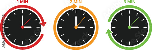 Vector set of one two and three minute timer clock icons with colorful countdown arrows for productivity and cooking,