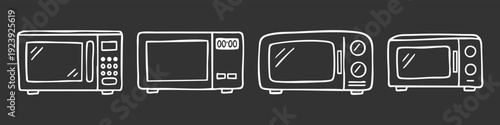 Hand-drawn microwave oven doodle icon set on dark background. White line vector illustrations of kitchen appliances for cooking and heating food.