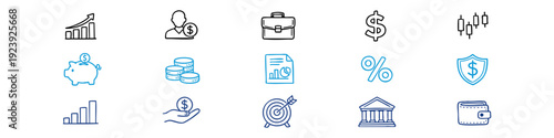 Set of hand-drawn business and finance icons in a minimalist line art style. Includes symbols for banking, investment, growth, and money management