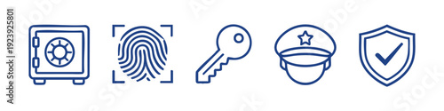 Set of security line icons featuring a safe, fingerprint scan, key, police officer, and shield, representing protection and safety