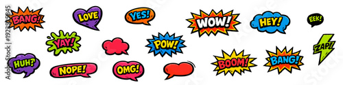Colorful collection of comic book speech bubbles and onomatopoeia sound effects. Retro pop art vector set isolated on white background