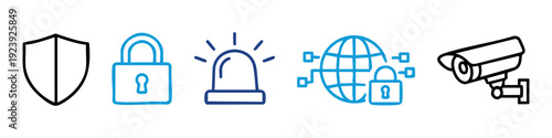 Vector set of security icons including shield, padlock, siren, global network protection, and CCTV camera in a modern thin line art style