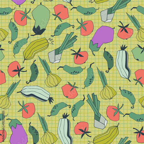 Seamless repeating pattern with vegetables. Stylized vector line art. Abstract colorful illustrations on beige background. Healthy food, carbs, veganism concept