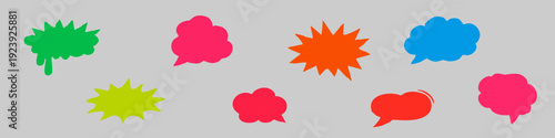 Set of colorful hand-drawn comic speech bubbles and explosion cloud stickers. Vibrant pop art graphic elements for chat and dialogue design
