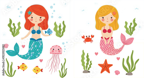 Cute Mermaid Characters Collection With Sea Elements Cartoon Vector Illustration Set