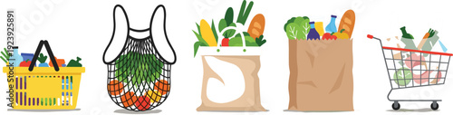Grocery Shopping Bag Collection with Plastic Basket, Reusable Mesh Bag, Paper Sacks and Cart Full of Food Vector Illustration