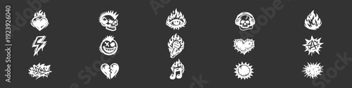 Set of 15 white punk rock and grunge vector icons including skulls, hearts, and flames on a dark background for streetwear design.