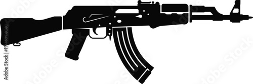 Black silhouette AK‑47 assault rifle side profile, curved magazine military firearm icon, weapon illustration isolated, cad drawing flat vector illustration