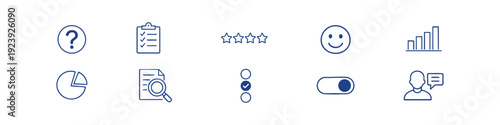 Set of minimalist line icons for customer feedback, surveys, data analysis, and user experience design in blue tones.