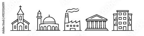 Set of hand-drawn building icons including a church, mosque, factory, temple, and apartment block in a simple line art style on white background