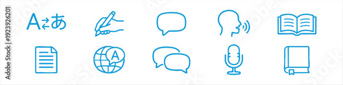 Set of blue line icons for language learning, translation, global communication, reading, writing, and speech. Minimalist vector illustration.