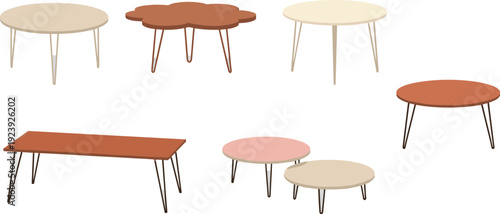 Modern coffee tables vector set, wooden furniture collection, interior design, round table, flat illustration, isolated, decor
