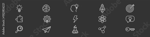 Collection of white line icons representing innovation, creative thinking, and business success concepts on a dark background. Ideal for startups.
