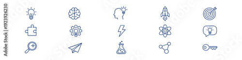Modern blue thin line icons set for creativity, innovation, business startup, and technology concepts on white background. Vector illustration.