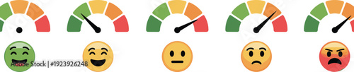 Emotion meter icons with emoji faces, mood tracking spectrum, psychological assessment tool, feedback design resource, colorful vector silhouette, cad drawing flat vector illustration