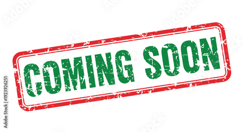 A red and green stamp displaying the text coming soon in bold letters