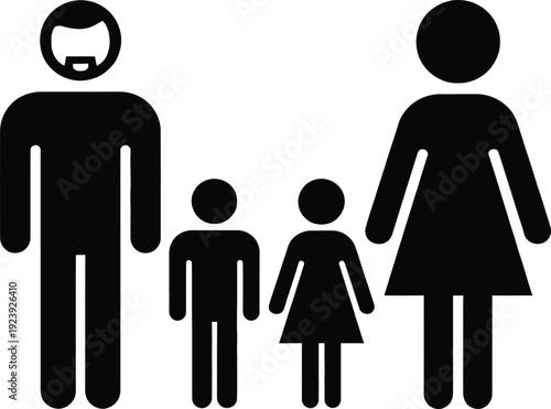 Black minimalist family pictogram silhouette including father, mother, and two children for social insurance, community planning, and demographic statistics.